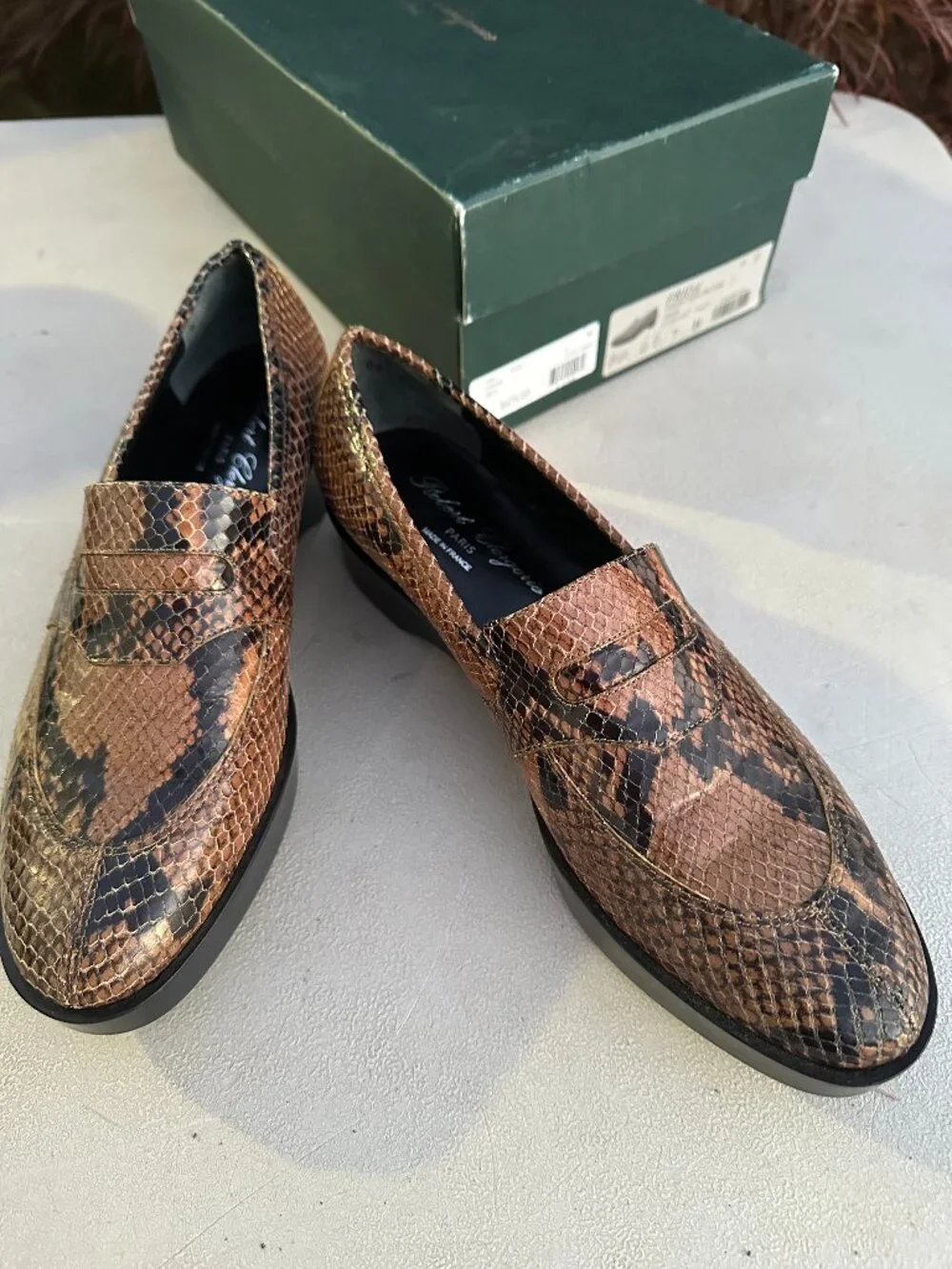 Robert Clergerie Loafers Brown Black Snakeskin Size 7 ( Length 10-3/4